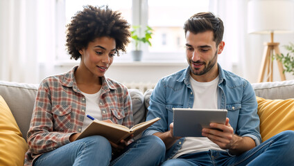 Multiracial couple using a digital tablet while sitting on a sofa at home. Young man and woman planning their budget or shopping online together