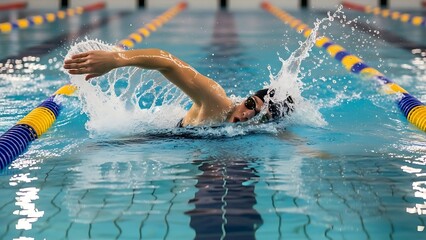 Athlete Swimming Freestyle in Competitive Indoor Pool