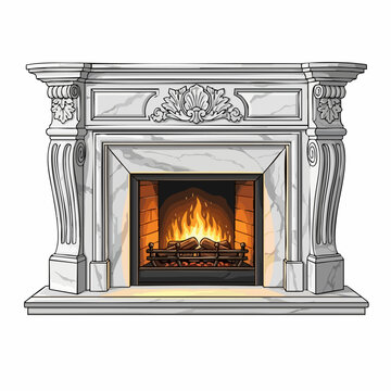 Elegant marble fireplace with burning logs, glowing flames, isolated on white. Ornate classic fireplace design features decorative carvings, mantle, firebox providing warmth.