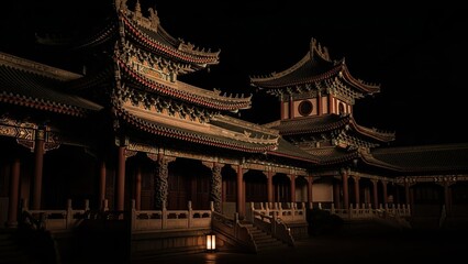 Fototapeta premium Traditional Chinese Temple at Night with Warm Golden Light on Ornate Architecture