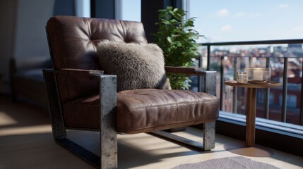 Urban loft interior with distressed leather chair and steel accents in sunlit room