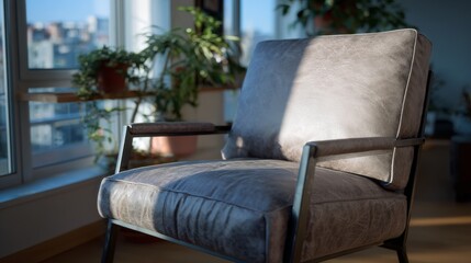 Urban loft interior with distressed textured armchair and exposed steel frame in sunlit room