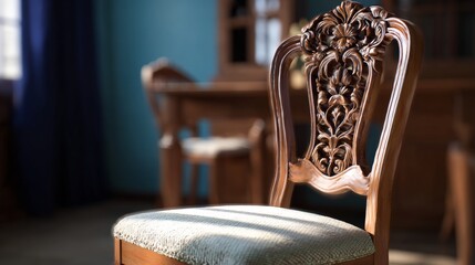 Vintage style dining chair with carved wooden back in classic design
