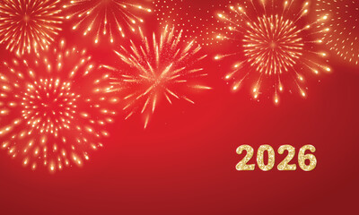 Fireworks and golden 2026 numbers on red background, bright New Year celebration design with glowing typography for Chinese New Year and Lunar New Year marketing, banners, posters and digital headers.