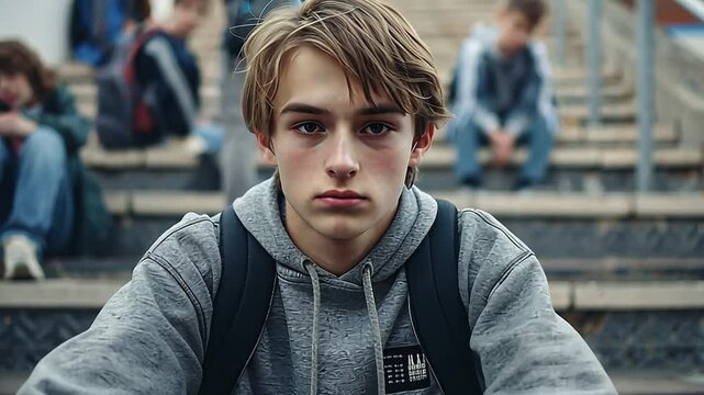 A sad teenage boy sits alone on school steps looking at the camera. Portrait of a lonely student experiencing depression and social isolation. Youth mental health and bullying concept