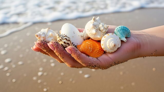 hand holding seashells on a Sandy Beach with Ocean Waves and Natural Daylight