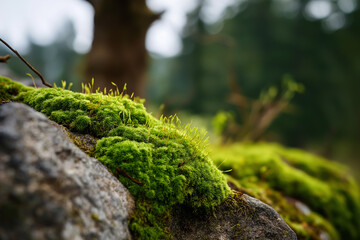 Naklejka premium Close-up of vibrant green moss growing on a rock amidst nature, depicting tranquility and the beauty of the natural environment and its ecological aspects.