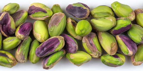 collection of pistachio nuts showcasing green and purple hues