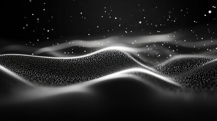 Abstract background featuring a dynamic, flowing wave of small glowing particles creating a futuristic and technological visual, with shimmering dots circulating above a digital landscape