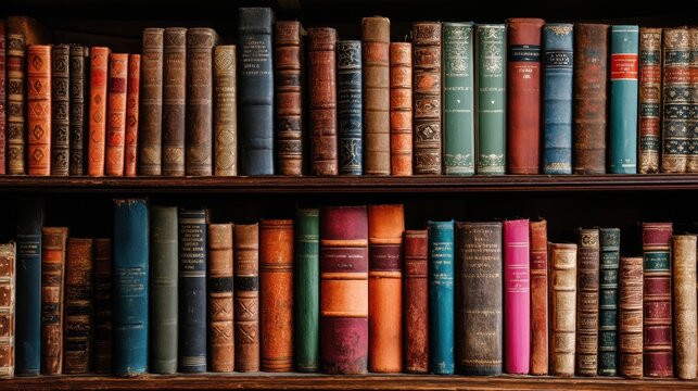 Books of various colors and sizes line dark wooden shelves in a warm inviting library setting. Old spines and intricate designs add charm to the collection.