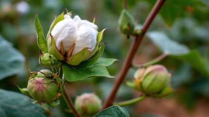 In a lush field cotton plants display delicate white blooms alongside green buds. This scene captures the essence of agricultural growth in a sunny environment.
