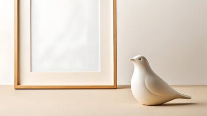 A Minimalist Scene Featuring a Blank Wooden Picture Frame and a Small White Ceramic Bird Sculpture Against a Neutral Background with Soft Natural Lighting