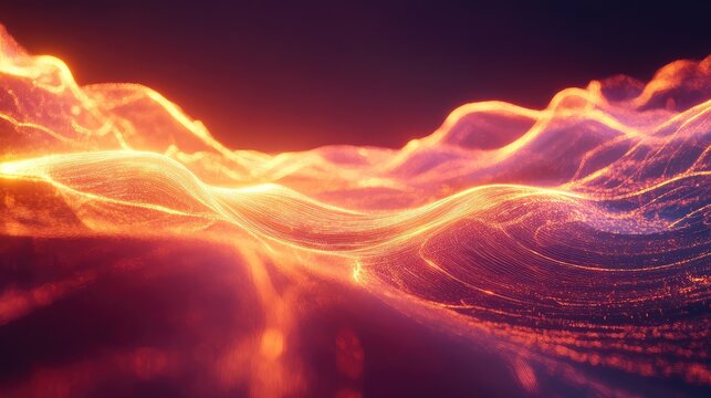Abstract digital waves composed of glowing orange and red particles moving across a dark background, representing data flow, technology, and energetic connections - Powered by Adobe