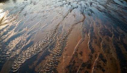 Winter nature landscape of a blue river with snow and calm water under a clear sky and clouds