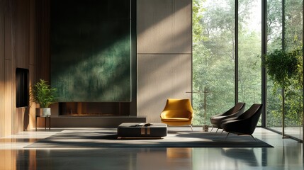 Fototapeta premium Contemporary living room with fireplace, chic furniture and large sunlit windows framing lush green trees, creating a serene, elegant space for relaxation and indoor outdoor living