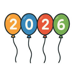 2D flat illustration of colorful balloons forming the year '2026