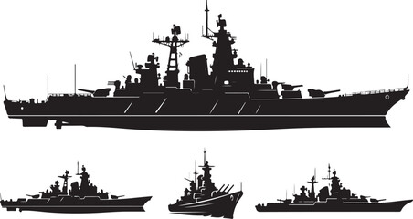 Fototapeta premium Set of Military Battleship Silhouettes - Vector Illustration