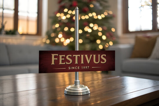 Festivus celebration since 1997&mdash;cozy indoor scene with red signage, Christmas tree, and nostalgic decor honoring Seinfeld&rsquo;s iconic alternative holiday tradition.   Generative ai