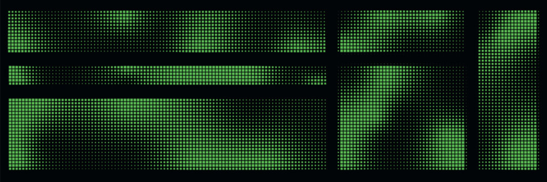 Set of green bitmap pixel background with gradient pattern and 8bit art. Glitch video game design.