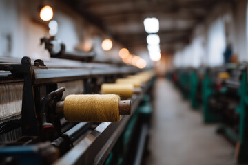 A glimpse into a textile workshop features vibrant yellow rolls of yarn, representing the essence of craftsmanship and the beauty of textile creation.