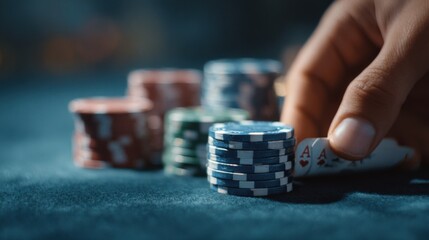 In a high-stakes casino setting, a hand holding pocket aces reaches for a stack of colorful poker chips. The dramatic blue lighting highlights the intense atmosphere of the game