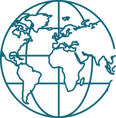 Solid outline of globe showing continents in segments, world geography line vector in solid teal blue, international travel graphic