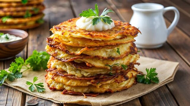 A stack of homemade potato pancakes with sour cream and parsley. Traditional fried latkes or draniki dish. Appetizing comfort food concept