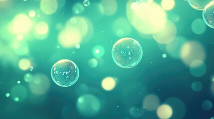 Sparkling bubbles containing small particles floating in an abstract fluid environment with soft light reflections and glowing bokeh spots creating a clean, futuristic backdrop