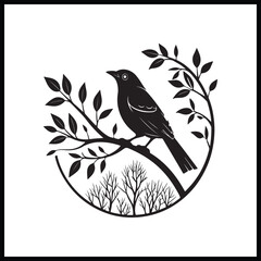 A cute cartoon bullfinch with a red breast sits on a tree branch among spring leaves and flowers in this nature vector illustration of a wild bird silhouette design