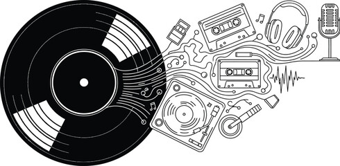 Solid black silhouette of vinyl record with center label, music nostalgia line art vector on white, retro audio equipment graphic