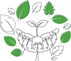 Outline of hands holding sprouting plant seedling, eco growth theme solid green leaf accents, sustainability vector line art design