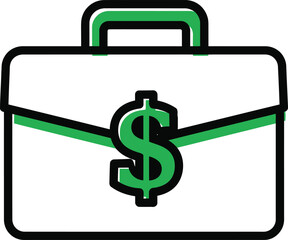 Outline of briefcase with dollar sign on face, business finance line vector in solid green accents, professional career graphic