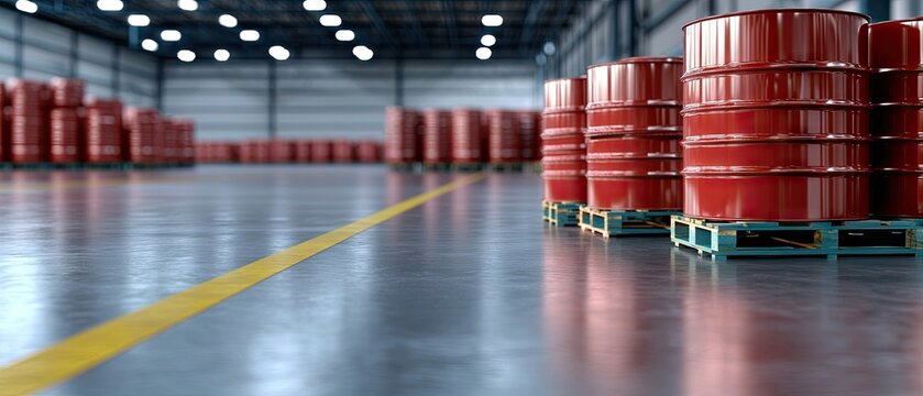 Red steel drums stacked on pallets in an industrial warehouse with colorful wooden pallets and a well-lit background