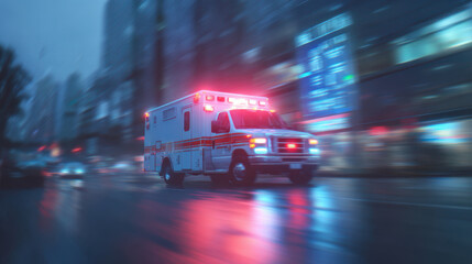 Emergency ambulance speeds through a busy city at night. Bright red and blue lights flash while holographic medical graphics surround the vehicle