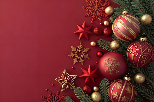 Christmas Ornament Display: Red and Gold Baubles, Stars, Snowflakes, and Pine Branches on Red Background with Left-Side Text Space.   Generative ai
