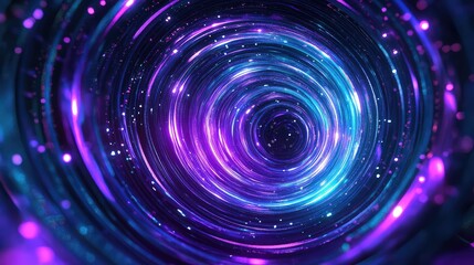 Abstract background showing glowing concentric circles in vibrant blue and purple neon colors, creating a dynamic energy tunnel with sparkling particles