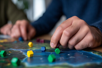 Fototapeta premium This image captures the close-up of hands playing a board game gathered around a colorful game board, highlighting the joy and connection shared in playful moments.