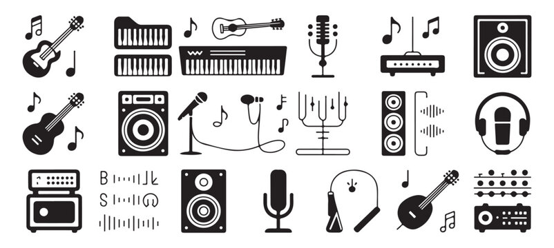 Set of black and white musical instruments and sound wave icons isolated on white background
