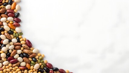 Assorted Beans and Legumes Arranged on a White Marble Surface with Copy Space