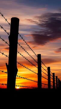 Barbed Wire Fence Sunset Silhouette Nature Landscape