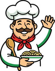 Smiling cartoon chef waving hand while holding pasta plate, friendly restaurant mascot character illustration isolated on white background