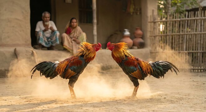Two roosters fighting in dusty rural setting with spectators