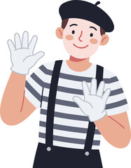 Friendly mime artist waving hands illustration, striped shirt performer character, expressive gesture cartoon isolated on white background