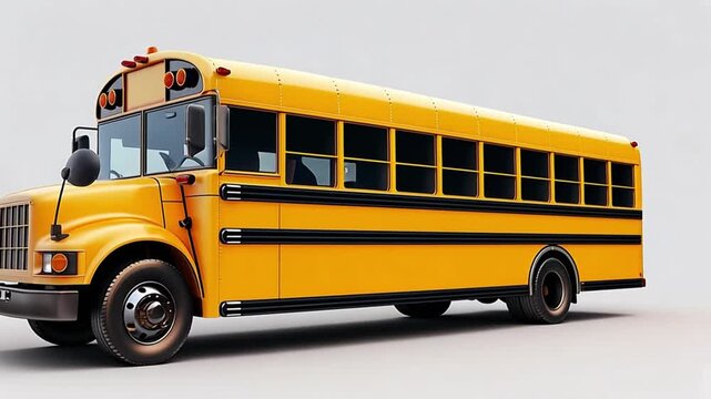 3D animation of a classic yellow school bus panning on a white background. Student transportation vehicle for back to school concepts. Education and learning illustration