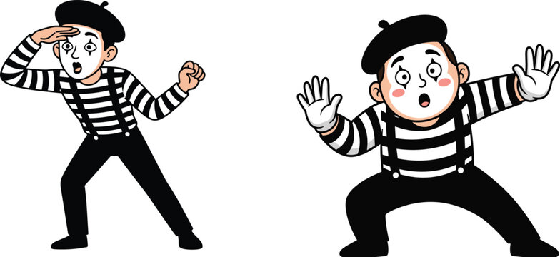 Funny cartoon mime characters performing surprised theatrical poses, expressive street performer illustrations, classic black white mime art isolated