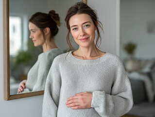Pregnant woman in cozy gray sweater stands in front of mirror, gently cradling her belly, showcasing maternal beauty and warmth in a serene indoor setting with soft lighting