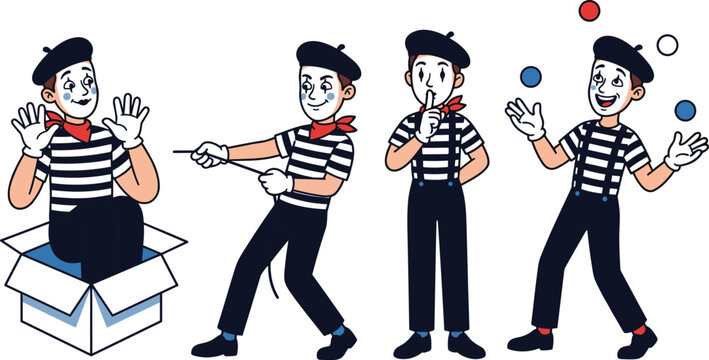 Mime artist character illustration set performing gestures and expressions, striped costume, theatrical performance concept isolated on white background