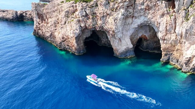 Aerial drone cinematic video of paradise fjord shaped bay and exotic caves of Korakonisi, Zakinthnos island, Ionian, Greece