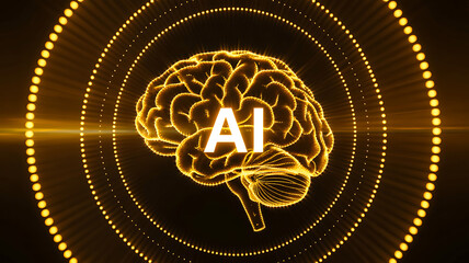 Golden outline of human brain with “AI” text surrounded by glowing concentric digital patterns on dark background