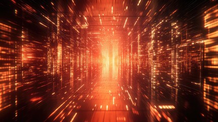 Abstract digital tunnel showing a network of glowing light lines representing data stream, technology, and virtual information moving at high speed through a futuristic illuminated corridor
